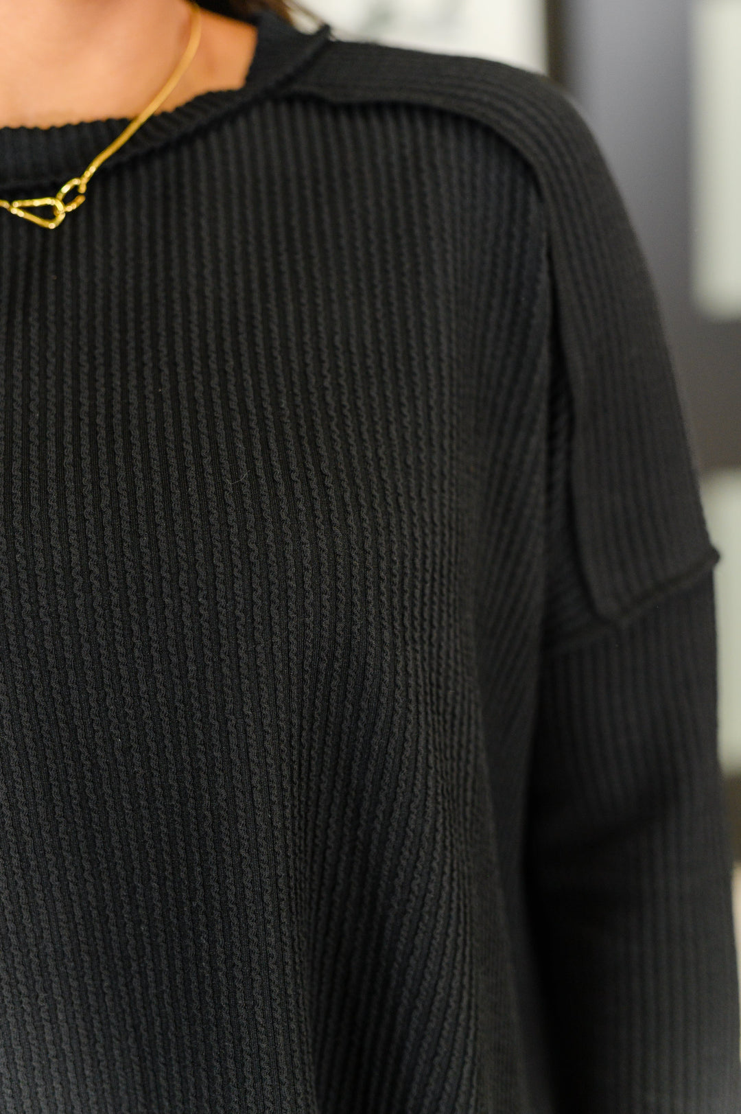 Wander & Rest Cable Ribbed Knit Drop Shoulder Top in Black