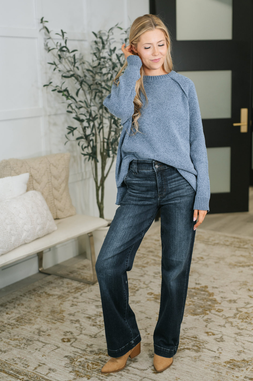 Words Of Wisdom Raglan Sleeve Sweater in Dusty Blue