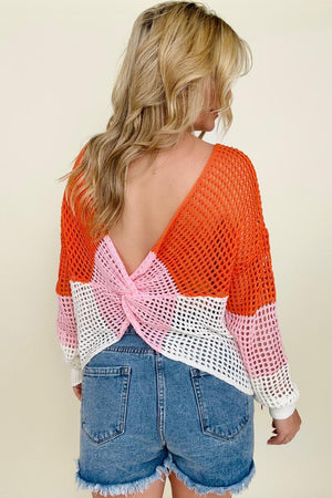 Colorblock Long Sleeve Twisted Back Loose Knit Top - OW *FINAL SALE*