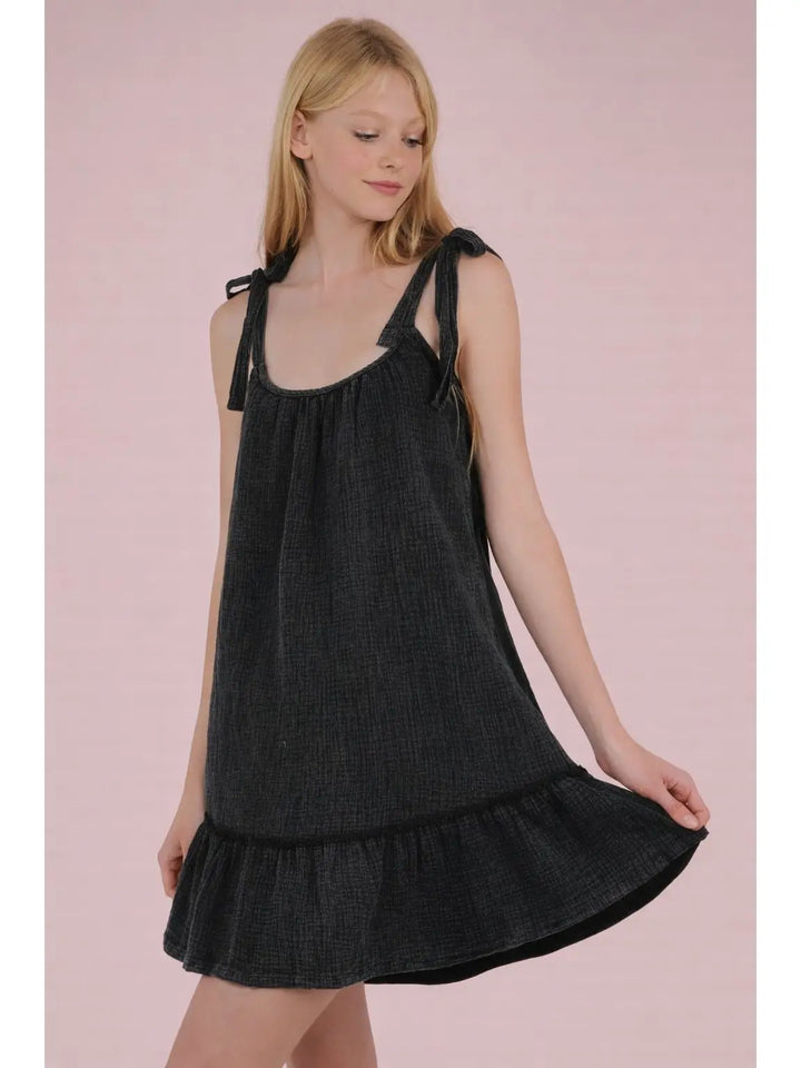 Shoulder Tie Dress- Acid Wash