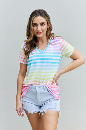 Heimish Out And Proud Full Size Multicolored Striped V-Neck Short Sleeve Top