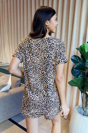 Zenana Full Size Leopard V-Neck Top and Drawstring Shorts Lounge Set