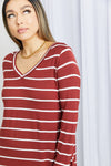 Zenana Full Size Striped V-Neck Long Sleeve Top in Dark Burgundy/Ivory