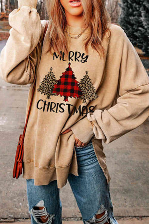 MERRY CHRISTMAS Graphic Slit Drop Shoulder Sweatshirt
