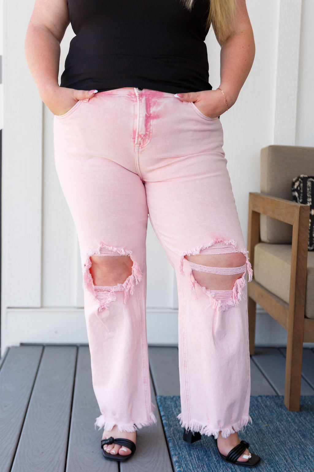 Babs Distressed Straight Jeans in Pink By Risen