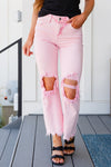 Babs Distressed Straight Jeans in Pink By Risen
