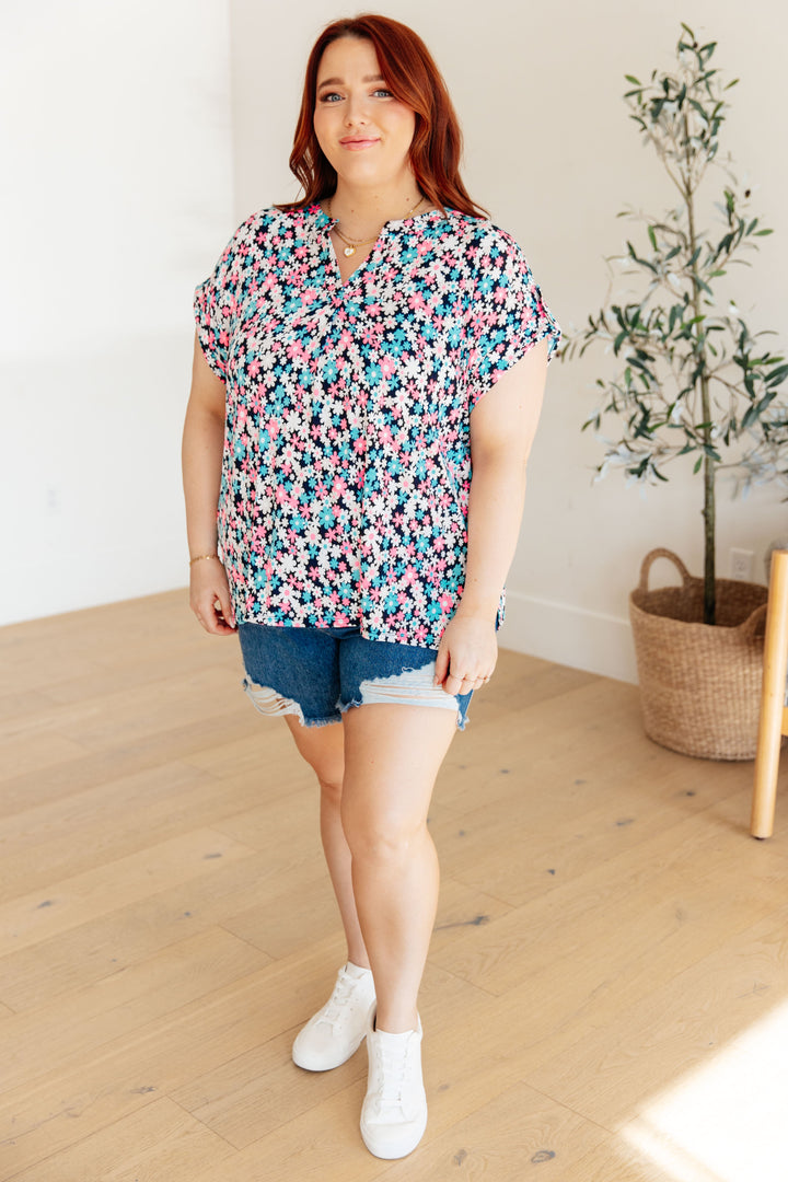 Dear Scarlett Lizzy Cap Sleeve Top in Navy and Hot Pink Floral