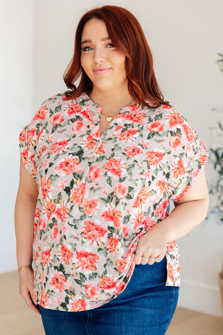 Dear ScarlettLizzy Cap Sleeve Top in Coral and Beige Floral
