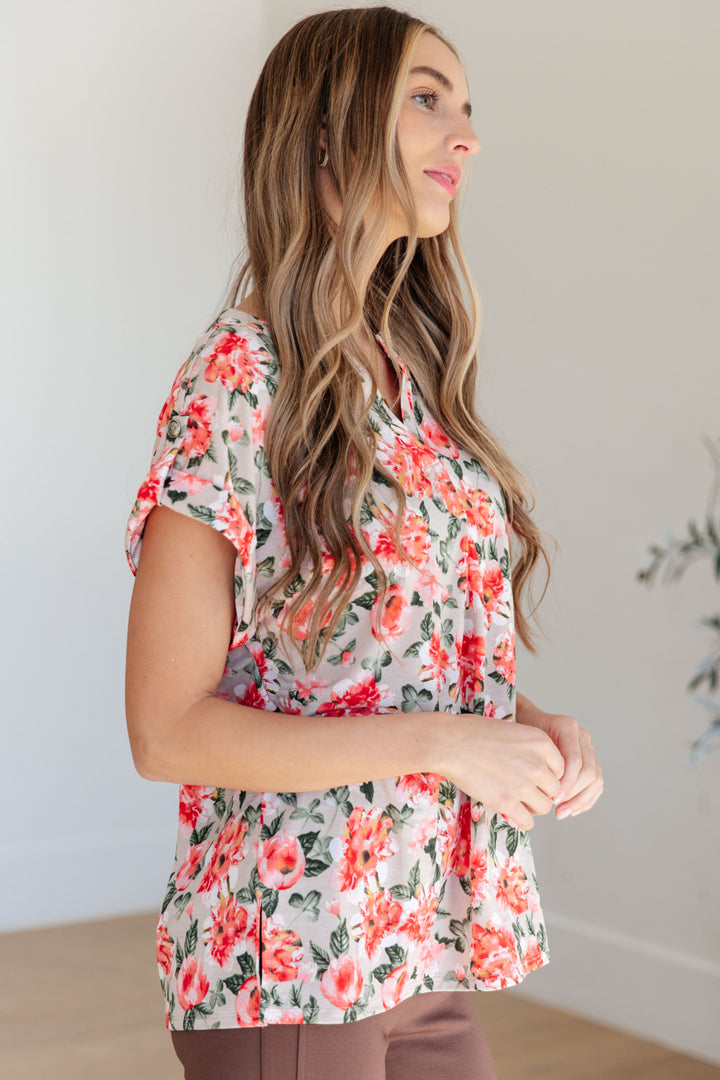 Dear ScarlettLizzy Cap Sleeve Top in Coral and Beige Floral
