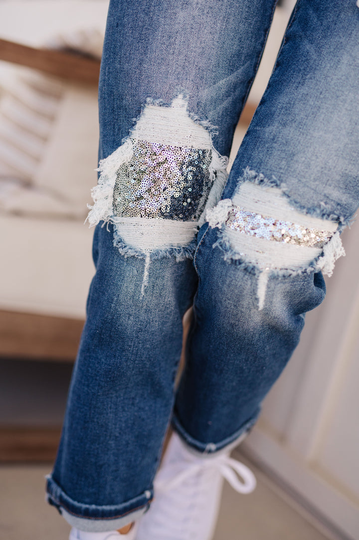 Risen Mid Rise Sequin Patch Tapered Jeans