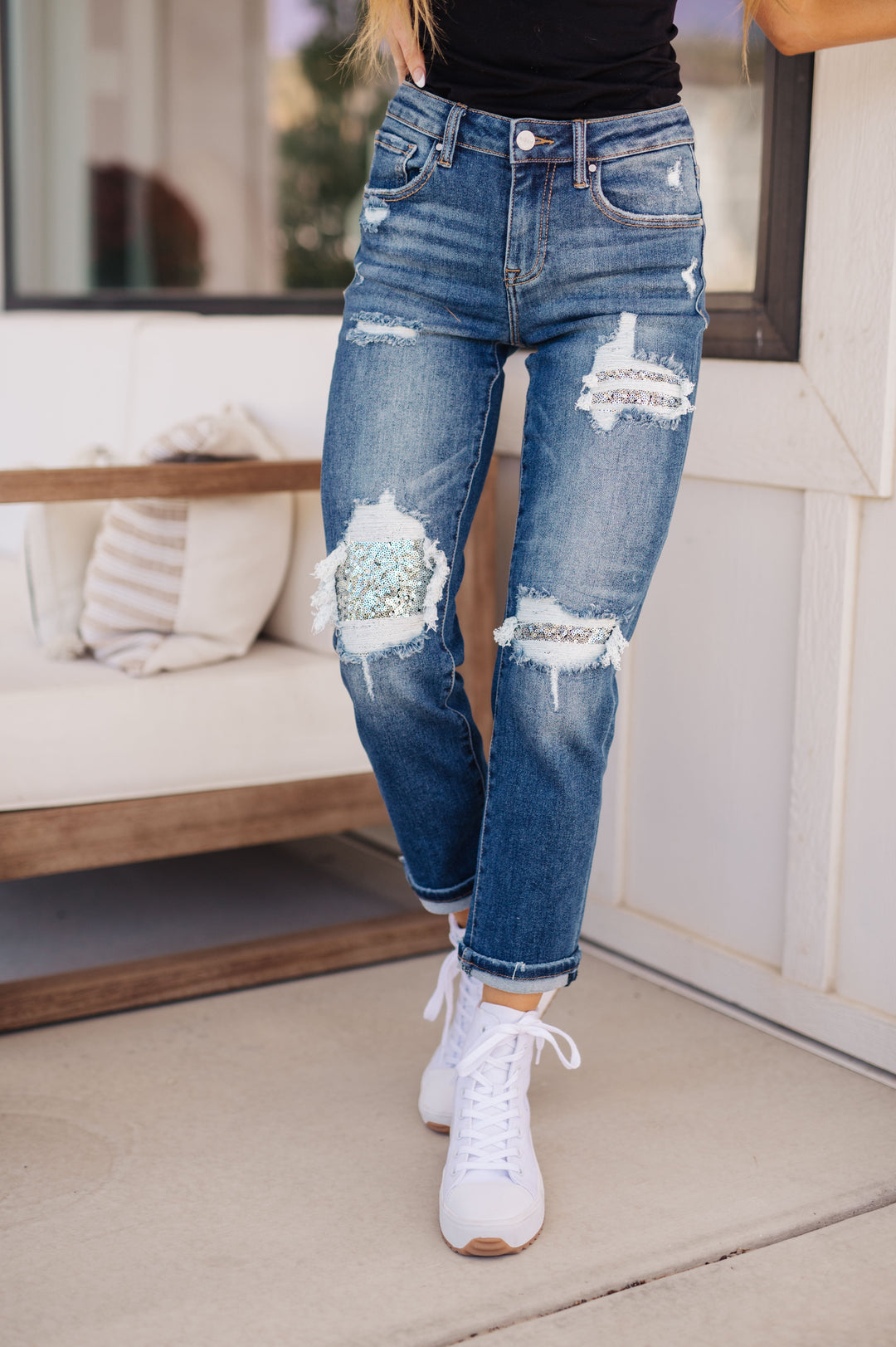 Risen Mid Rise Sequin Patch Tapered Jeans